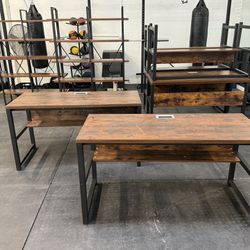 6 Rustic Wood Desks And 3 Shelving Units 
