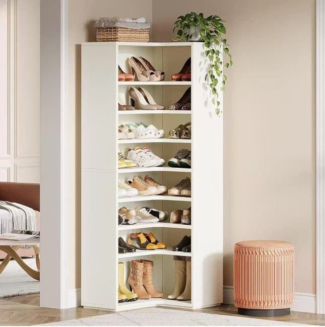 New assembled Corner Shoe Cabinet for 40-45 Pairs, 9-Tier Large Wooden Shoe Storage Cabinet, 65" Tall Shoe Organizer with Open Storage & Closed Back f