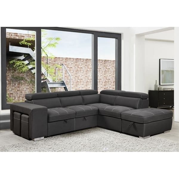 105" Sectional Sofer With Adjustable Headrest, Pull Out Couch Bed with Storage Ottoman & 2 Stools
