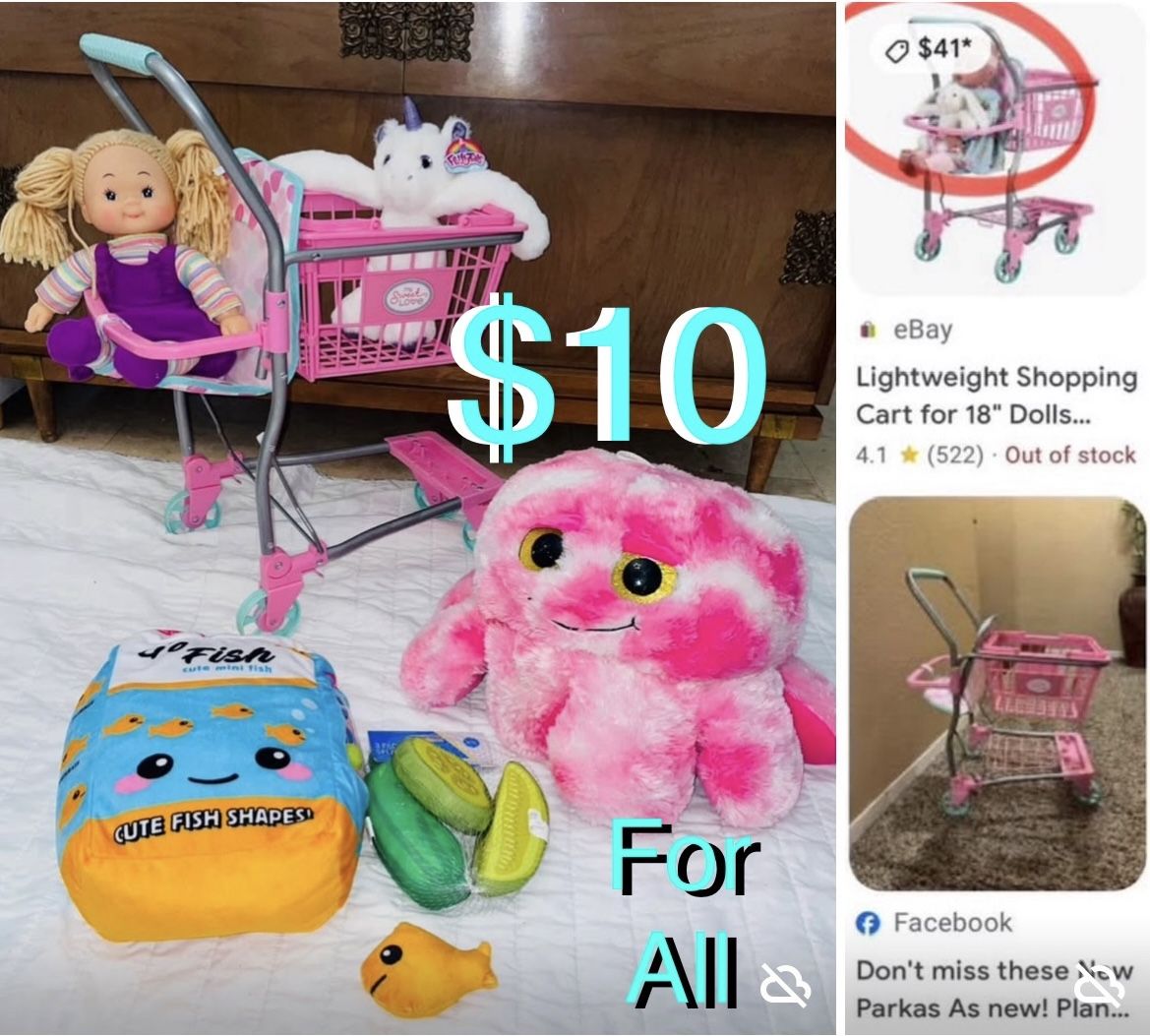 $10 🛒Big Bundle of Play set toys, Shopping cart, Doll,plushies groceries toys