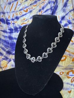 Vintage Sterling Silver Heart Link Necklace with Onyx Cabochon Stones — 925