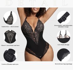 Popilush Body moldeador de encaje para mujer, con control de abdomen, espalda descubierta, cuello en V, tangas