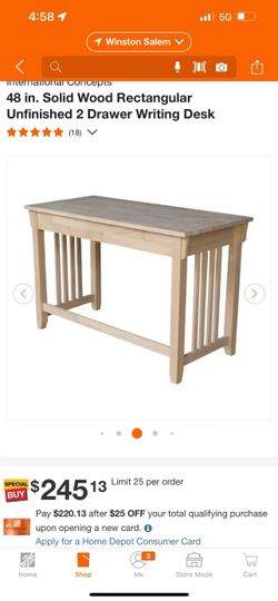 48 in. Solid Wood Rectangular Unfinished 2 Drawer Writing Desk