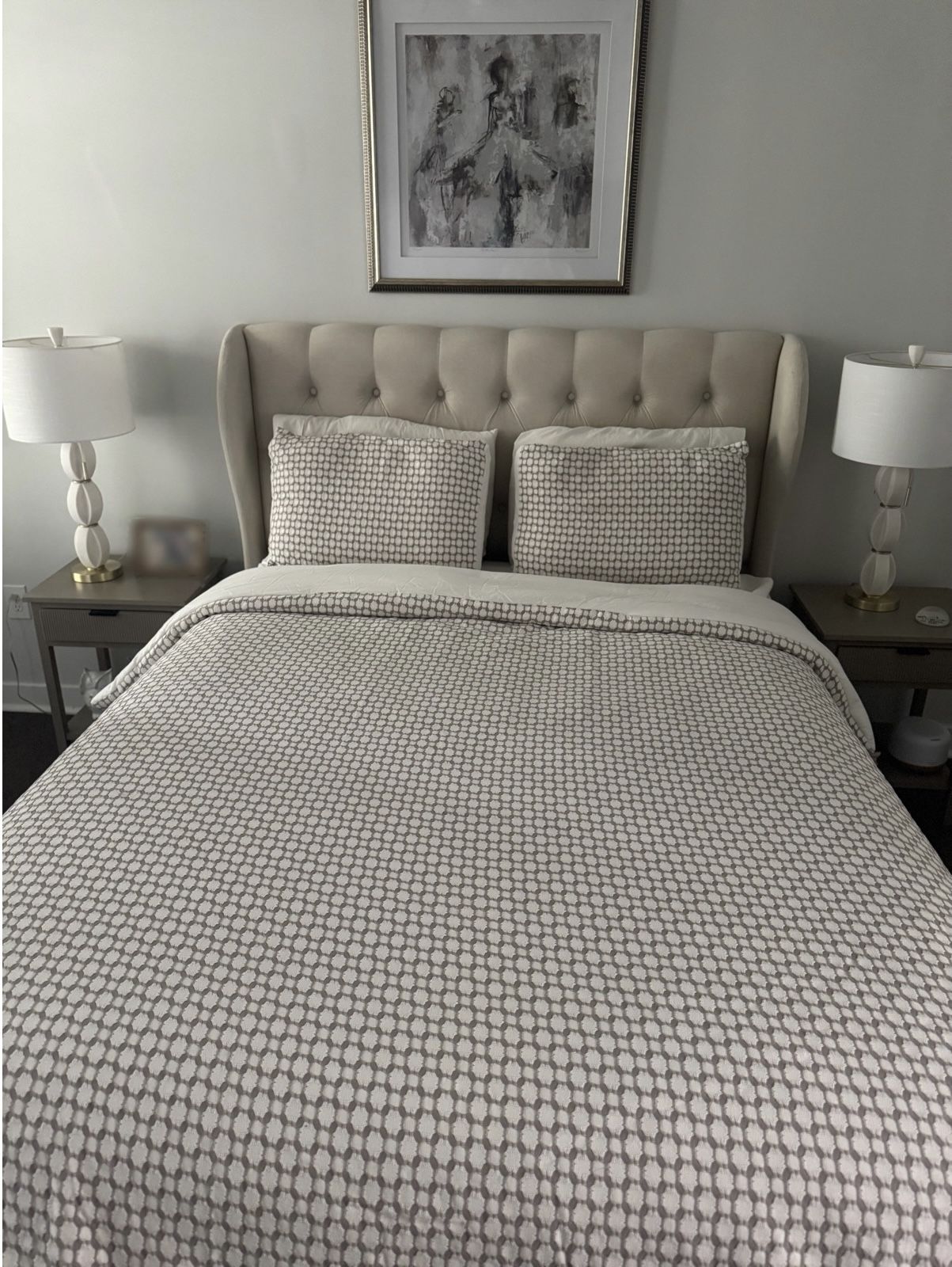 Queen upholstered bed frame with mattress and box spring - good condition.