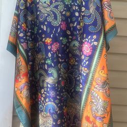 NWT! Digital Kalamkari Print Blue, Multicolor Silk Feel Kaftan Dress. OS 52”