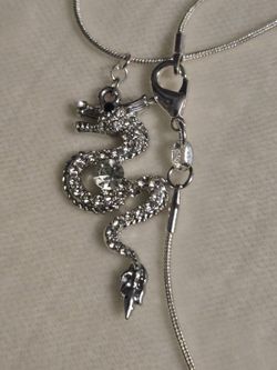 Silver Tone Dragon Pendant Necklace on 22-Inch 925 Silver Chain - New