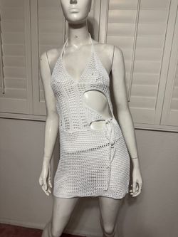 New Medium white knit crochet sheer boho festival rave dress halter mini