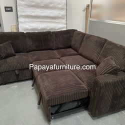 New Plush Chocolate Sectional Sofa Bed With Storage, Brown Sectional, Sofa, Couch, Corduroy Sectional Couch With Pull-out Bed, Sofabed, Sleeper Sofa