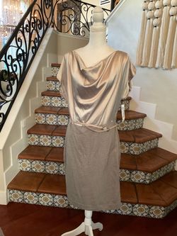 Sharagano Gold & Black Checkered Midi Dress with Cowl Neck and Belt. Size 14. NWT