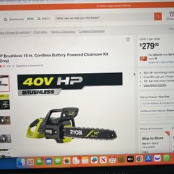Ryobi 40v HP Brushless 18in Cordless Battery Powered Chainsaw Kit 