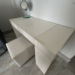Modern White Vanity Makeup Desk w/ Mirror + Stool