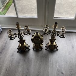 Antique Solid Brass Candle Holders With Clock 