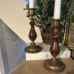 Vintage bronze And Teak Candle Stick holders