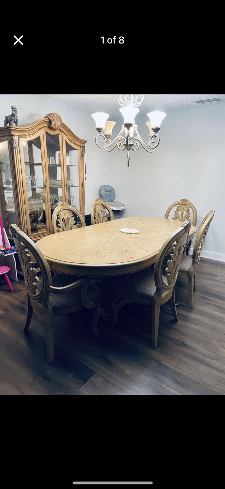 Dinning Table (6 Chairs + Table Leaf), Chandelier & China Cabinet