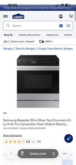 Samsung Bespoke 30-in Glass Top 5 burners 6.3-cu ft Air Fry Convection Oven Slide-In Electric Range ( Stainless Steel )
