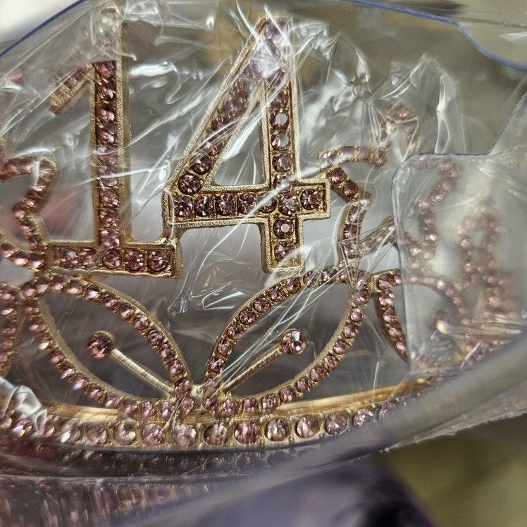 14th Birthday Star Princess Tiara and Sash in Gold and Pink Rhinestones