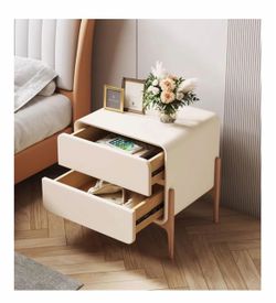 Bedside Table Nordic Leather Nightstand 2 Drawer End Table Minimalist W/Wooden Feet Bedside Dress Modern Bedside Cabinet