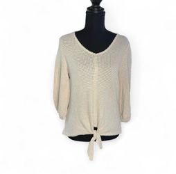 W5 Cream Waffle Knit Tie-Front Top - V-Neck 3/4 Sleeve Womens Size Large NEW