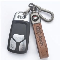 Genuine Leather Car Logo Keychain Audi Brown