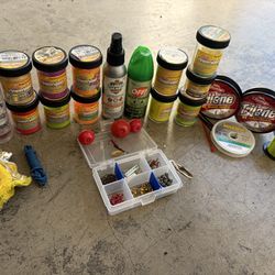 Assorted Lot Of Fishing Supplies (Bait, Tackle, Lures, Etc) + Bag