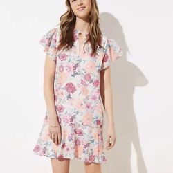 LOFT Floral Flutter Flounce Dress - Pink - S