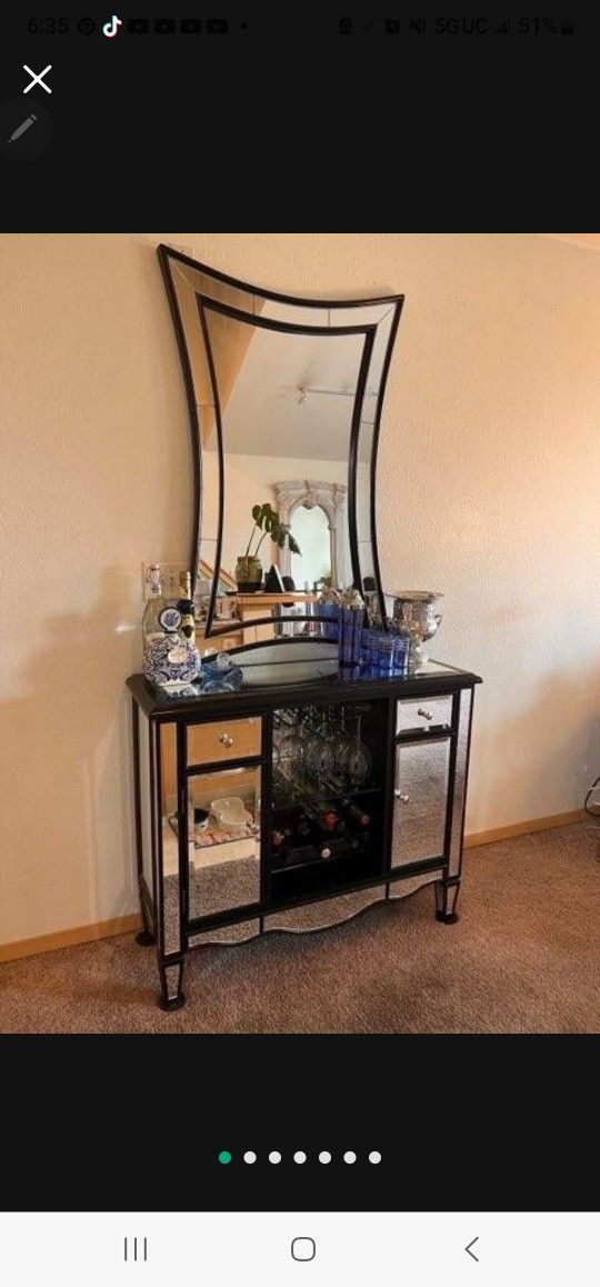 Mirrored WINE BAR CABINET & wall MIRROR 