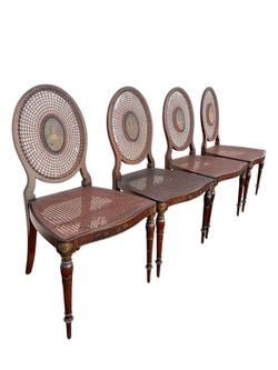 NY: Set of 4 Late 1800s English Adams Hand-Painted Cane-Back Dining Chairs