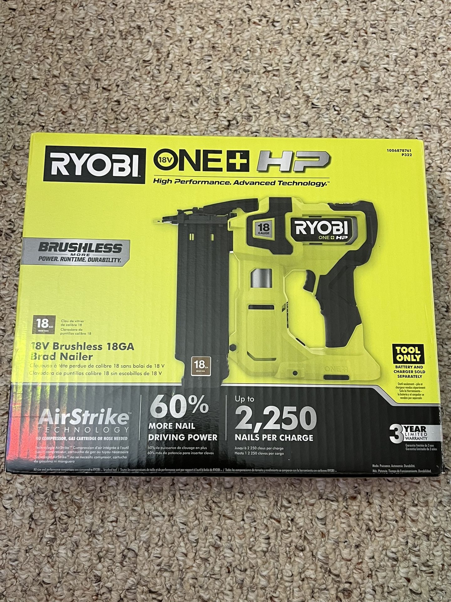 RYOBI ONE+ HP 18V 18-Gauge Brushless Cordless AirStrike Brad Nailer (Tool Only)