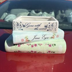 Ceramic Book Stack Planter Gone with the Wind Jane Eyre Floral Classic
