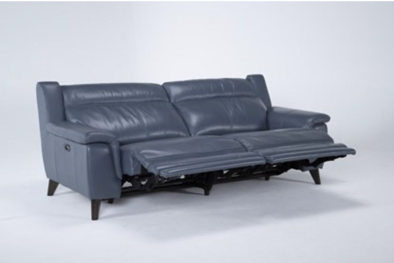 Living Spaces Moana Blue Leather 87" Power Dual Reclining Sofa with USB