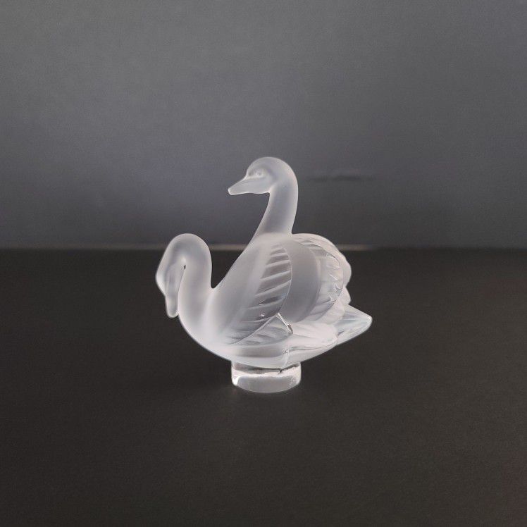 Lalique Frosted Glass Crystal 2 Swans Cygnes Cachet, signed engraved