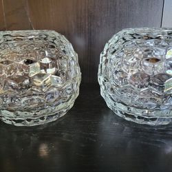 Set of 2 Round Clear Diamond Glass Fairy Lamp Candle Holder Homco Cubist