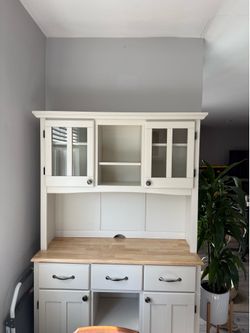 Homestyles "Buffet of Buffets" Off-White Server with Hutch & Solid Wood Top. Elegant Kitchen Buffet, Coffee Bar or Dining Room Hutch