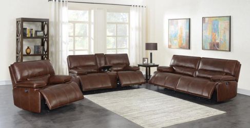 Power Leather Living Room Set (Sofa+Love Seat+Recliner) Brown - $2,407