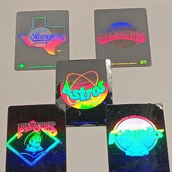 Stocking Stuffer Sticker Lot (5) MLB 1991 Upper Deck Hologram Team Stickers + 1993 Mike Piazza & Tim Salmon Rookie Card Mothers Cookies 