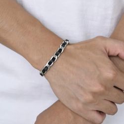 B113- Men's Black Leather Chain Bracelet, Waterproof Stainless Steel!