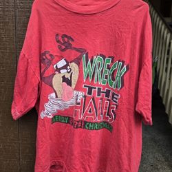 VTG Tasmanian Devil Looney Tunes Red T-Shirt Wreck The Halls Merry Christmas XL