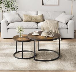 New Nesting Coffee Table Set of 2, 27.6" Round Coffee Table Wooden Marble Pattern with Adjustable Non-Slip Feet, Industrial End Table for Living Room