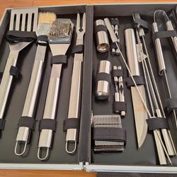 Home Grilling 19pc Stainless Steel BBQ Set In Metal Clasped Case! A beautiful set with extra long utensils as shown in carrying case!