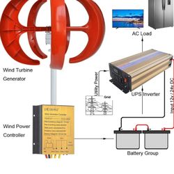 Wind Turbine 3000W/6000W peak Generator, 1280Wh LiFePO4 10 Yr Battery, Marsrock Controller, Lantern 100W Wind Turbine