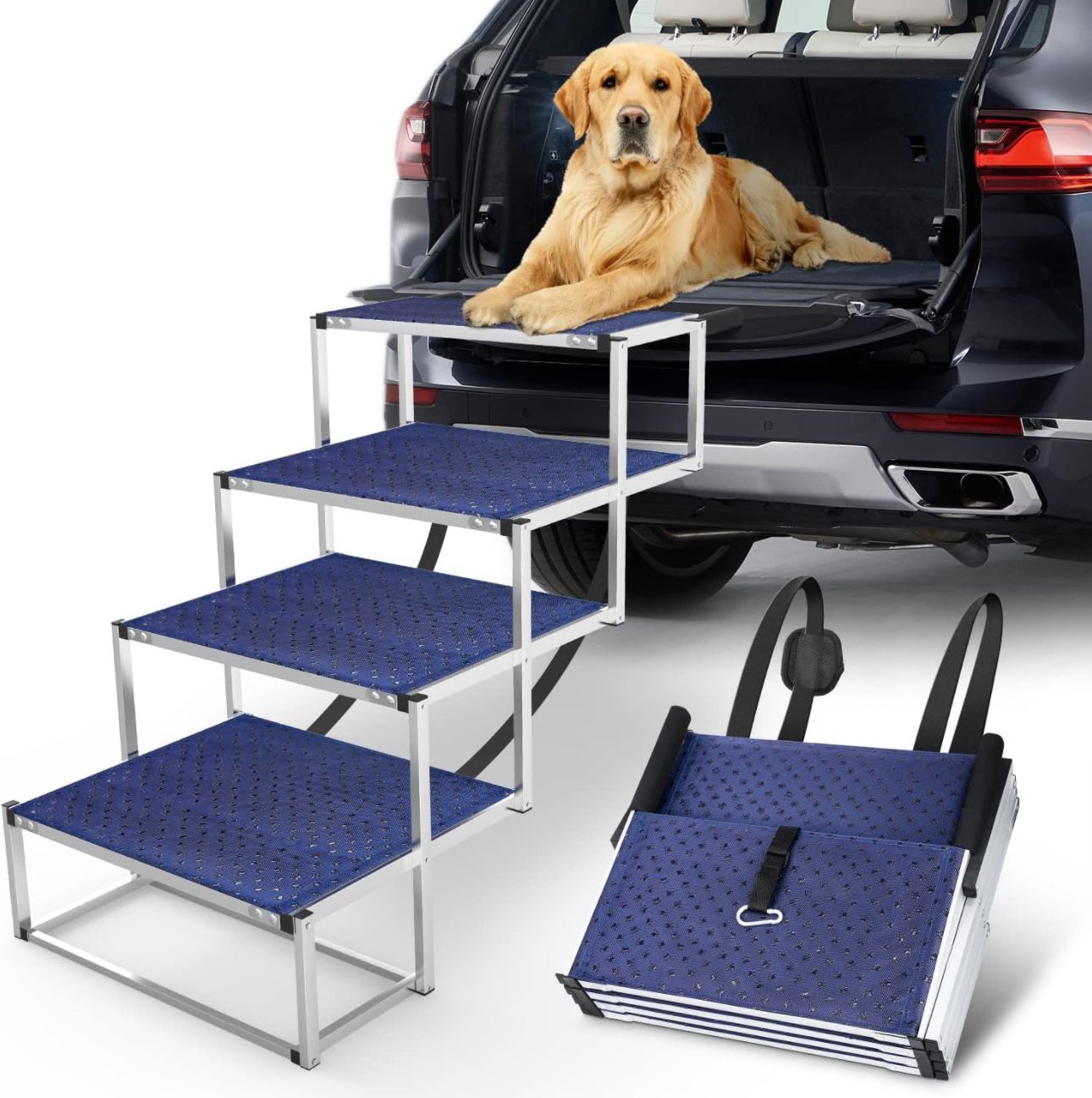 Extra Wide Dog Car Stairs for Large Dogs, Foldable Aluminum Lightweight Dog Step
