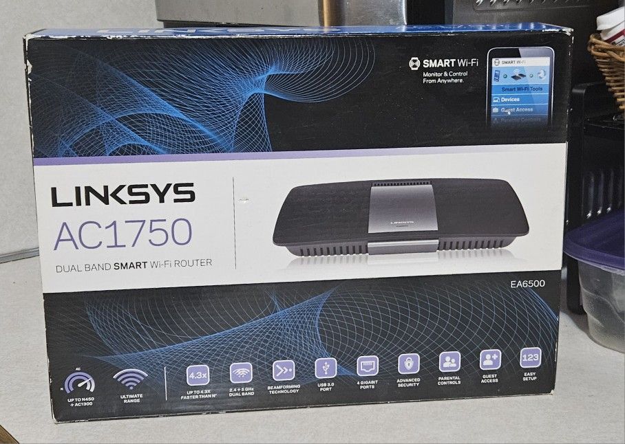 Linksys AC1750 Dual Band Smart Wi-Fi Router. Features advanced connectivity and smart Wi-Fi capabilities.
The Linksys EA6400 Wi-Fi Dual-Band AC1600