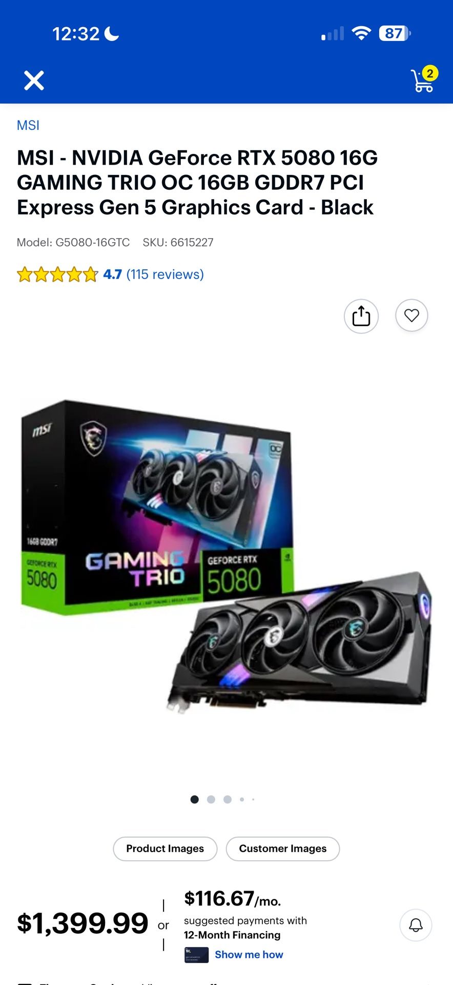 MSI RTX 5080 16G GAMING TRIO OC 16GB GC