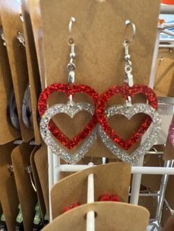 Double Interlocking Hearts Sparkle Acrylic Earrings Handmade 