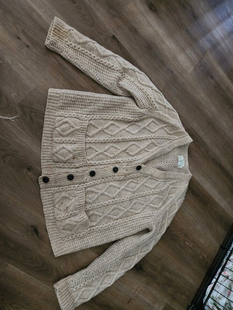 Vintage Pure Wool Cardigan Hand Knit Fisherman Cable Knit Sweate