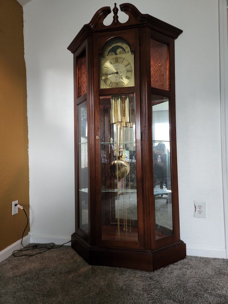 Ridgeway Pulaski Grandfather Clock Lighted Curio Cabinet