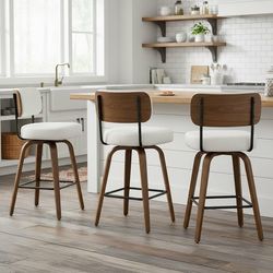 B224-Swivel Bar Stools Set of 3, 26" Upholstered Counter Height Bar Stools with Back and Walnut Wood Legs, Faux Leather Barstools for Kitchen Counter,