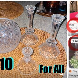 $10 For All Crystal Set Candle holders 3 & Bowl for Flowers 💐 or candles centerpiece