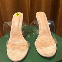 Clear/Nude Block Heels With Clear Straps
