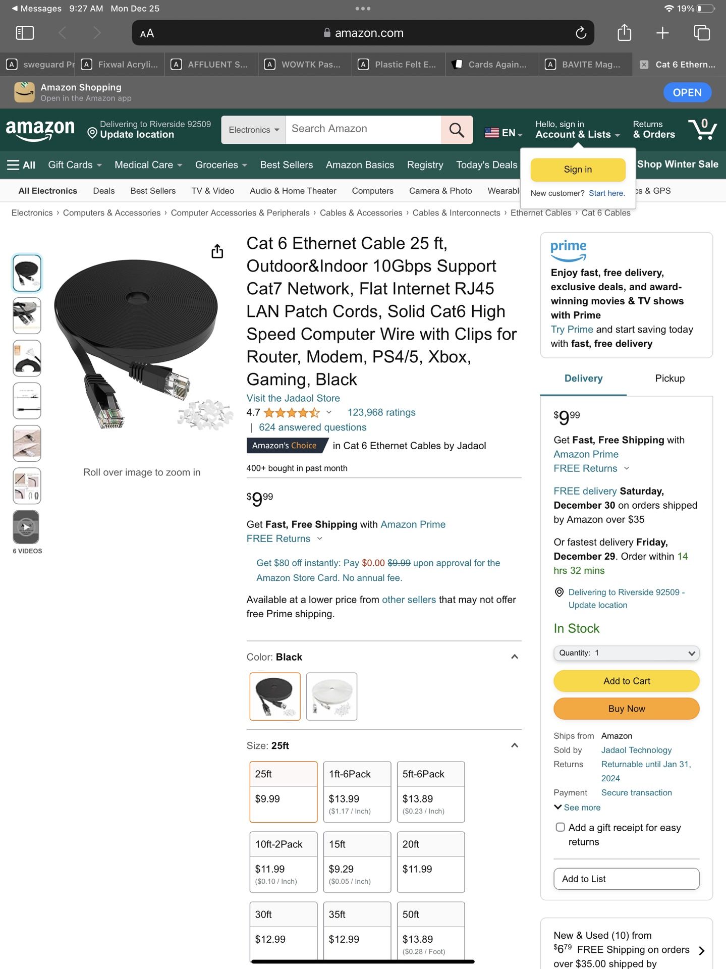 Cat 6 Ethernet Cable 25 ft, Outdoor&Indoor 10Gbps Support Cat7 Network, Flat Internet RJ45 LAN Patch Cords, Solid Cat6 High Speed Computer Wire with C